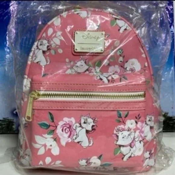 Disney aristocats pink Marie floral Loungefly mini backpack and wallet SET NWT